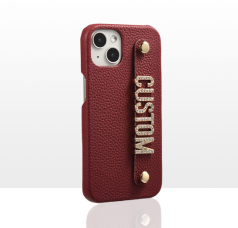 Genuine Leather Lychee Pattern Metal Letter Phone Case