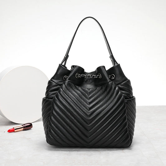 Pleated Sheep Genuine Leather Top Handle Handbag.