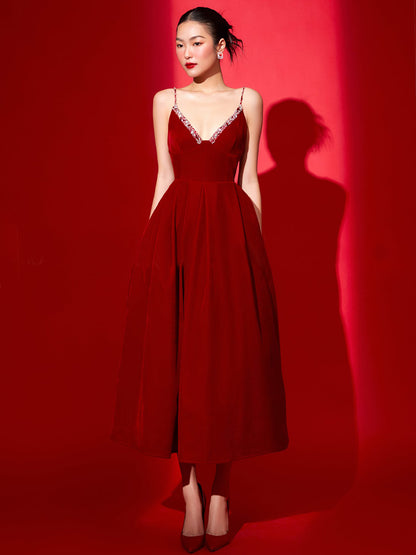 Deep V Neckline Suspender Sexy Backless Sleeveless Velvet Crimson Princess Dress