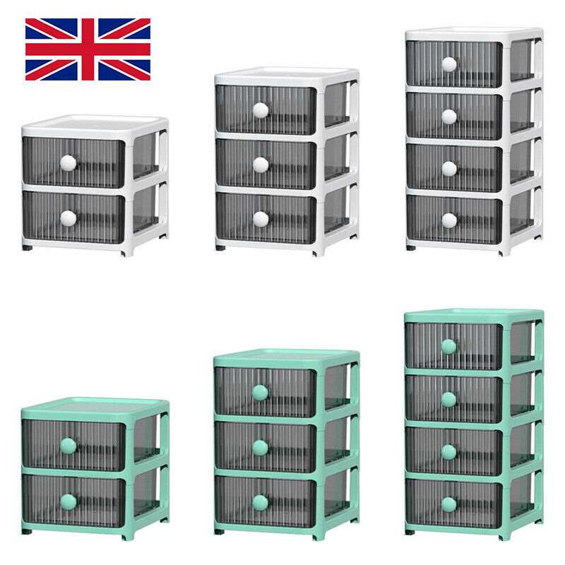 2-4 Tier Drawer Plastic Storage Tower Clear Chest Unit Office Bedroom Home UK