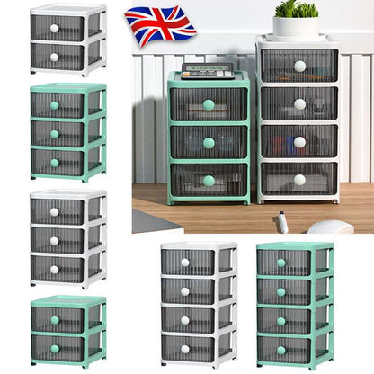 2-4 Tier Drawer Plastic Storage Tower Clear Chest Unit Office Bedroom Home UK