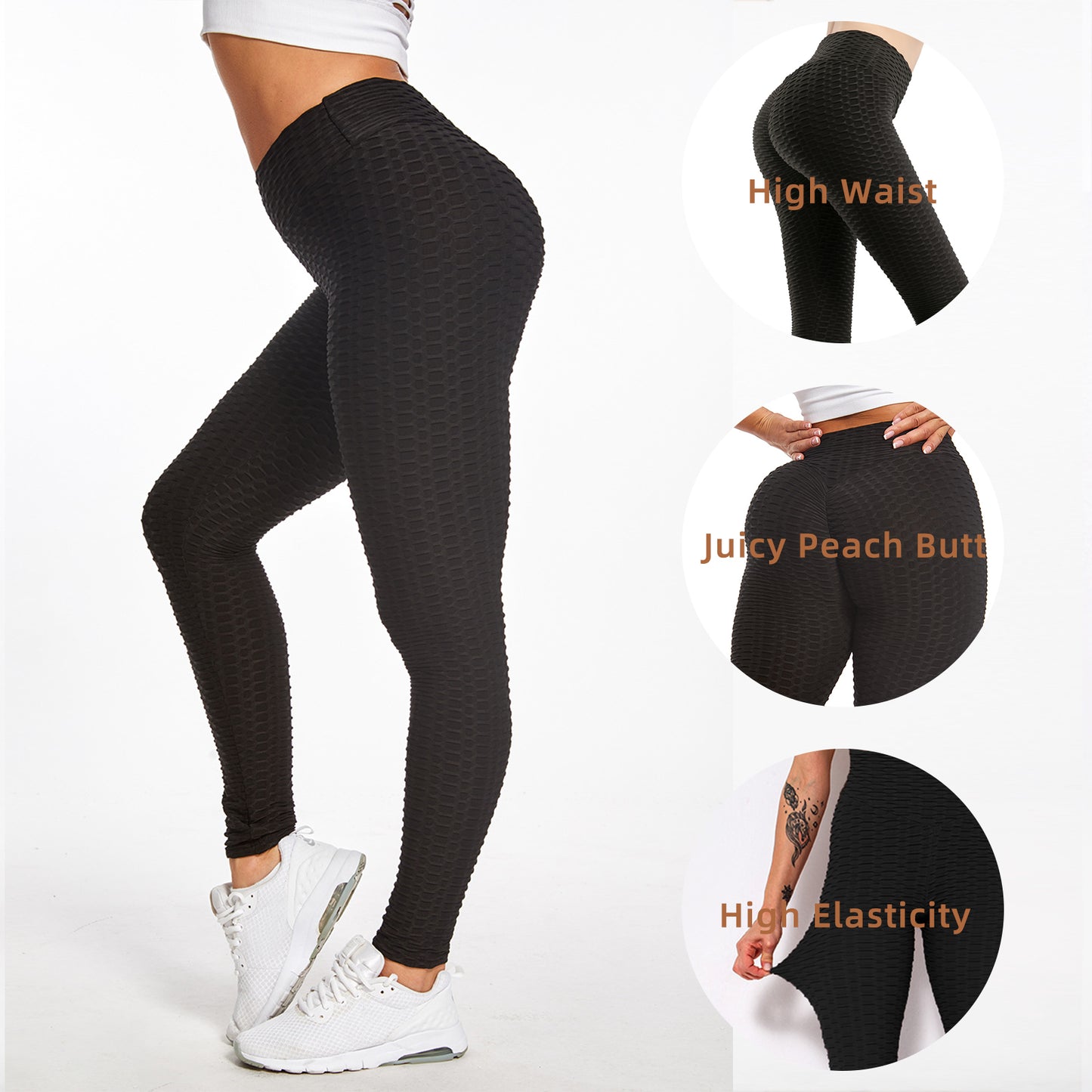 Women TIK Tok Leggings Bubble Textured Leggings Butt Lifting Yoga Pants Black.