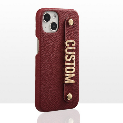 Genuine Leather Lychee Pattern Metal Letter Phone Case