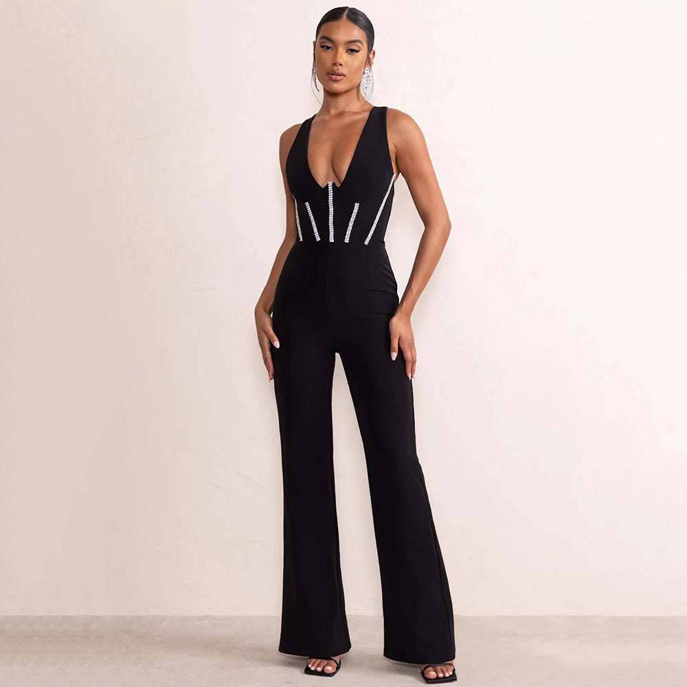 Black Deep V-neck Tube Top Backless Diamond Slim Bandage Jumpsuit