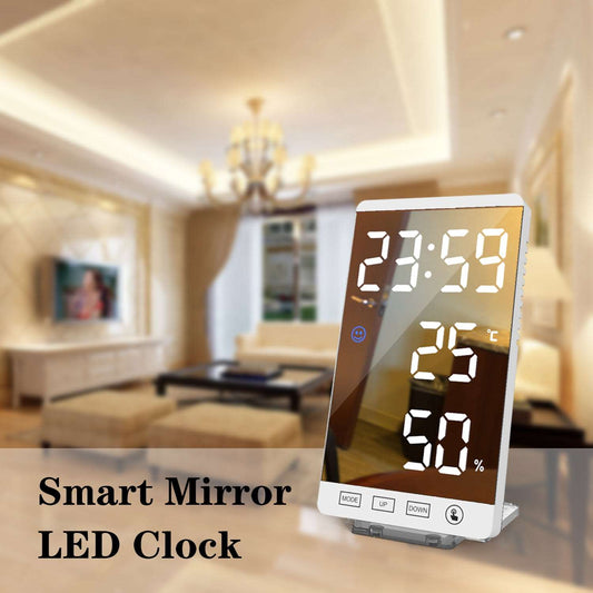 6 Inch LED Mirror Alarm Clock Touch Button Wall Digital Clock Time Temperature Humidity Display USB Output Port Table Clock