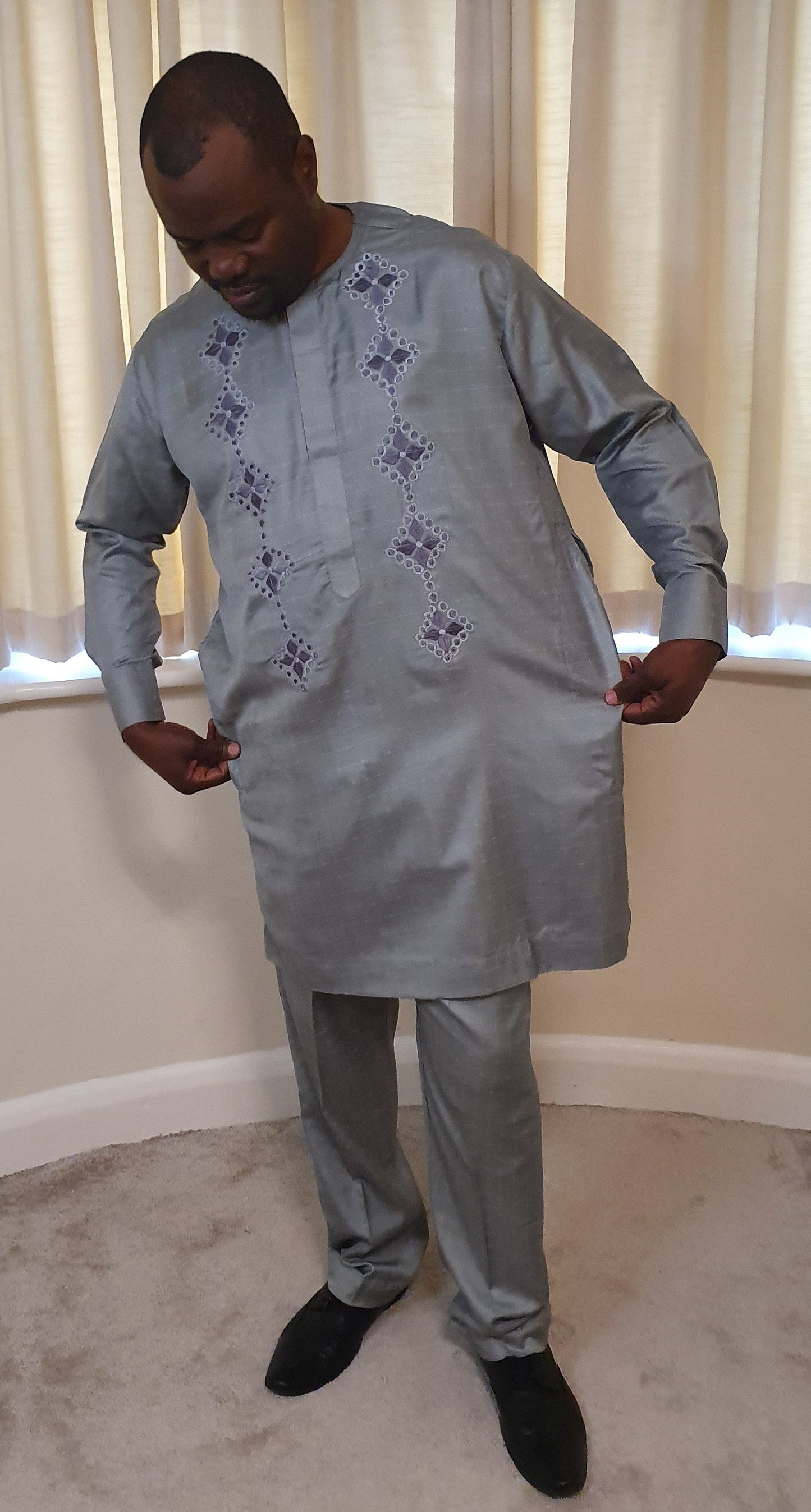 Grey 2 Piece Set Long Sleeve Men's Dashiki Top, Trouser With A Matching Cap