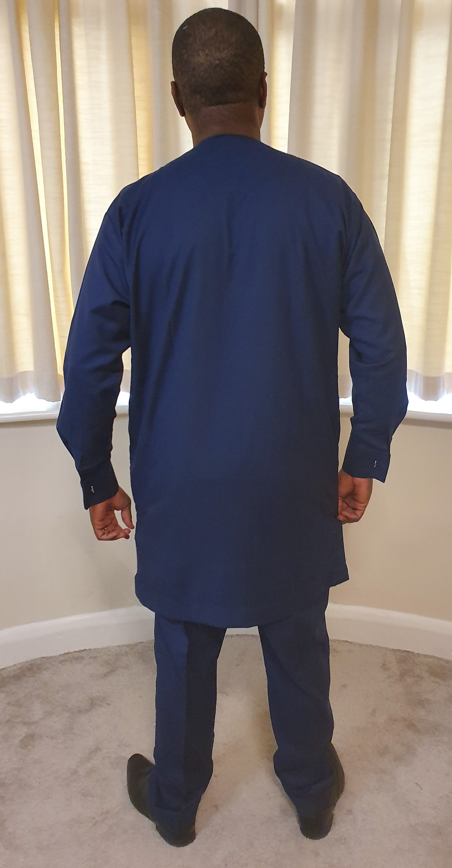 Navy Blue  2 Piece Set Long Sleeve Men's Dashiki Top, Trouser With A Matching Cap