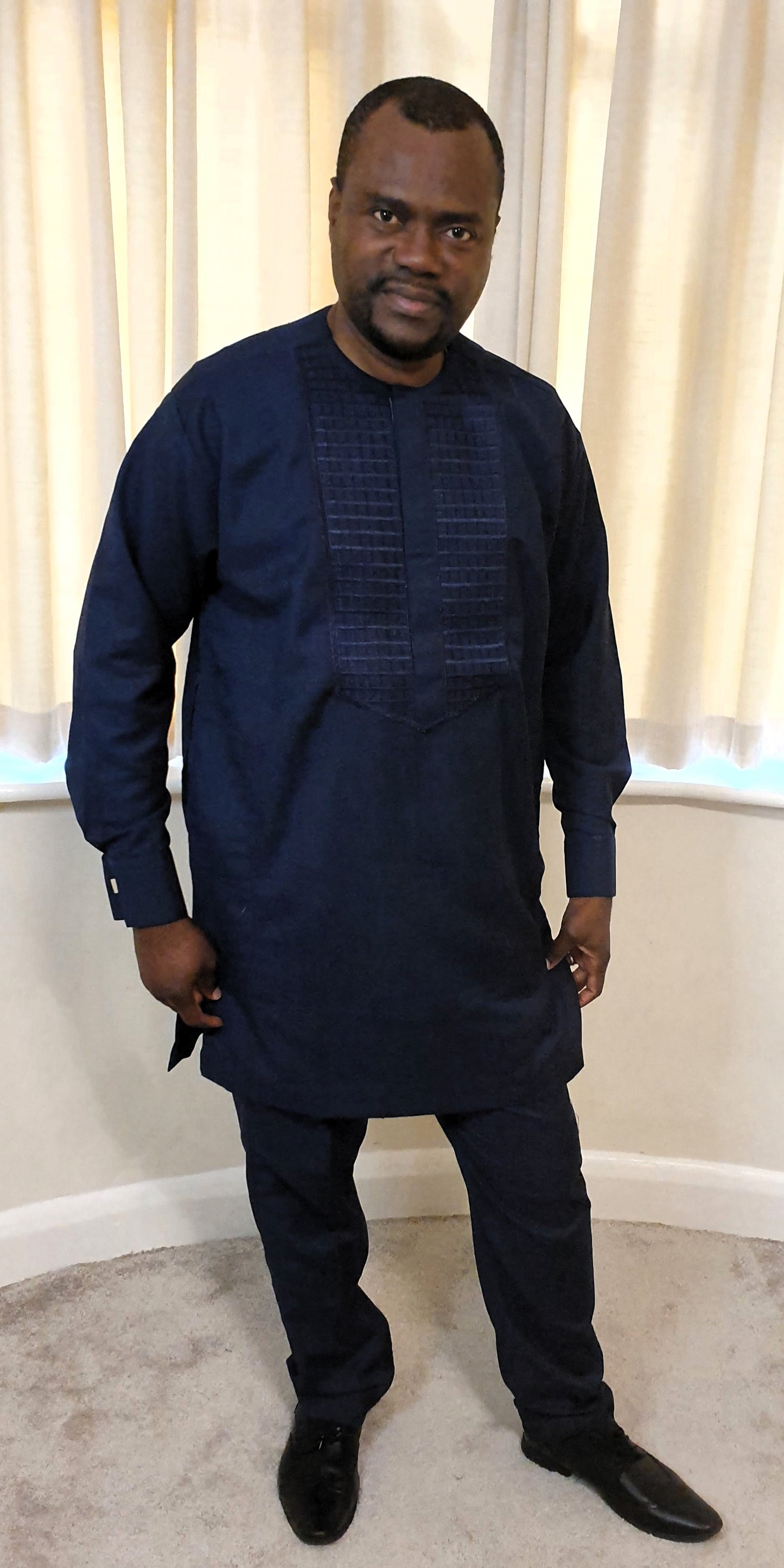 Navy Blue  2 Piece Set Long Sleeve Men's Dashiki Top, Trouser With A Matching Cap