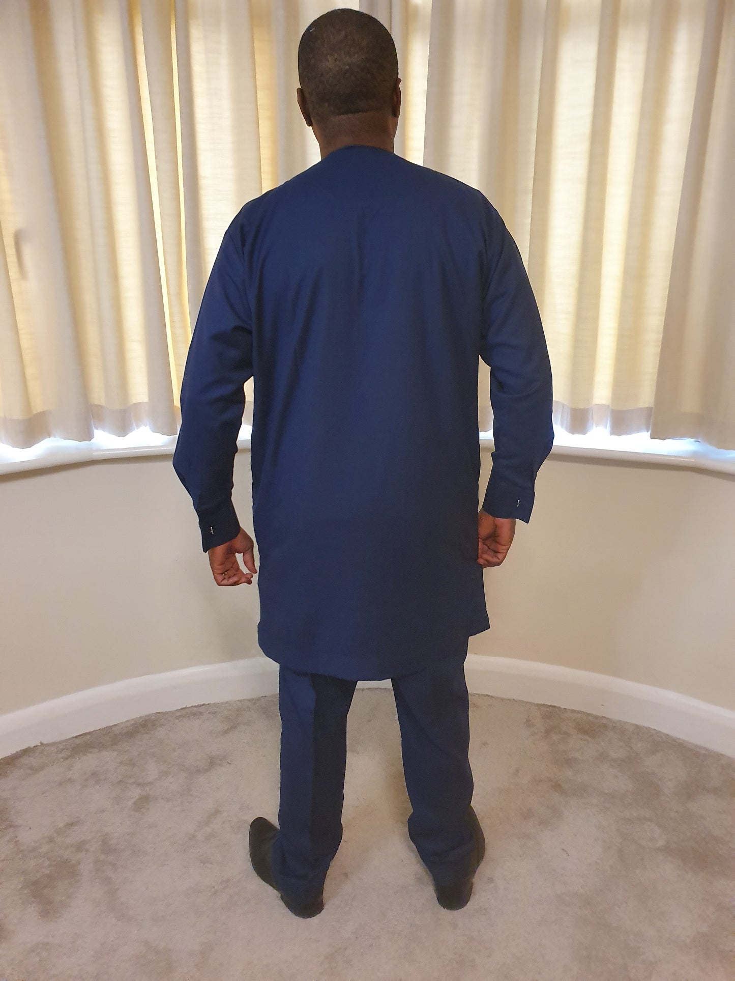 Navy Blue  2 Piece Set Long Sleeve Men's Dashiki Top, Trouser With A Matching Cap