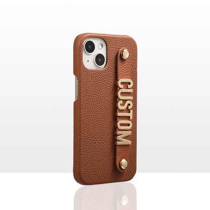 Genuine Leather Lychee Pattern Metal Letter Phone Case