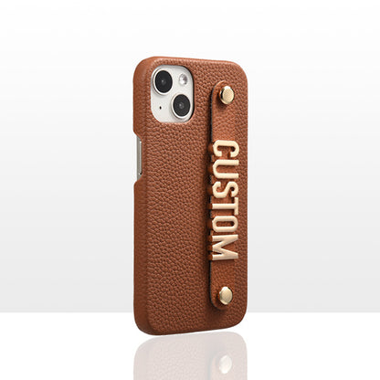 Genuine Leather Lychee Pattern Metal Letter Phone Case