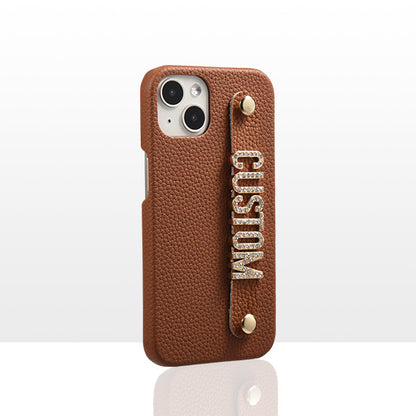 Genuine Leather Lychee Pattern Metal Letter Phone Case