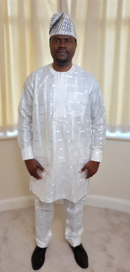 White Foil 2 Piece Set Long Sleeve Men's Dashiki Top, Trouser With A Matching Cap