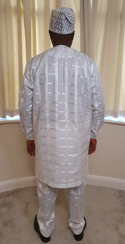 White Foil 2 Piece Set Long Sleeve Men's Dashiki Top, Trouser With A Matching Cap