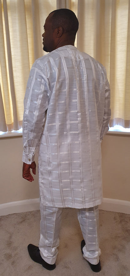 White Foil 2 Piece Set Long Sleeve Men's Dashiki Top, Trouser With A Matching Cap