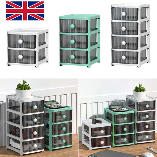 2-4 Tier Drawer Plastic Storage Tower Clear Chest Unit Office Bedroom Home UK