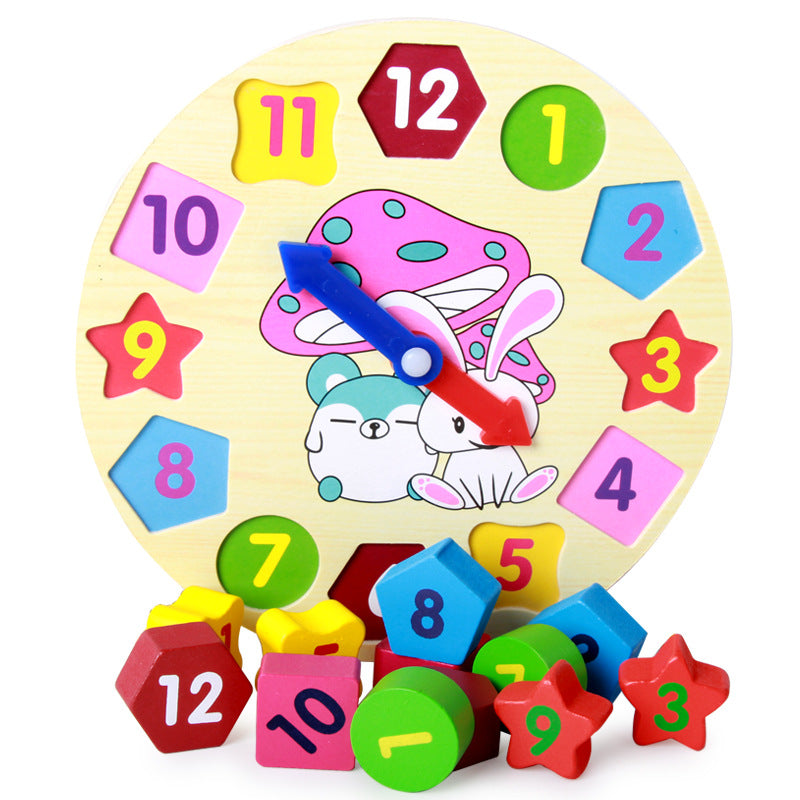 Colour Wooden Shape Clock: Educational Time Teaching Toy.