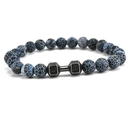 Ocean Breeze: Blue Weathered Stone Beaded Bracelet with Frosted Metal Dumbbell Accent